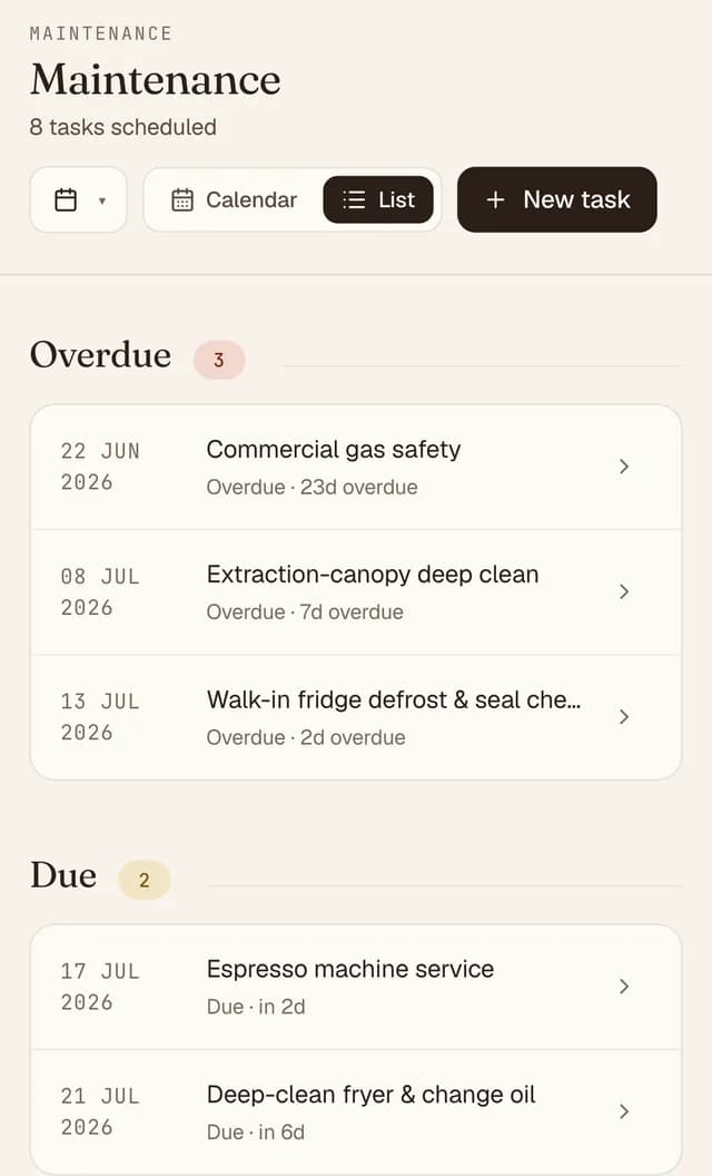 The maintenance list in KeepUp on a phone: overdue and due-soon tasks, each dated